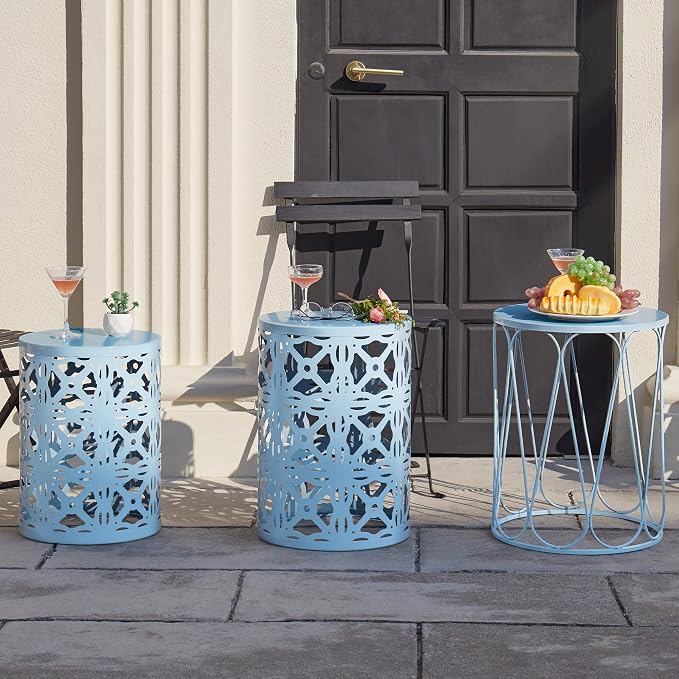 Y&M Set of 3 Stacking Coffee Table for Living Room, Patio Side Table,Indoor End Tables for Bedroom, Outdoor Decorative Garden Stool with Heavy Duty Metal Frame Modern Industrial Decor - Blue