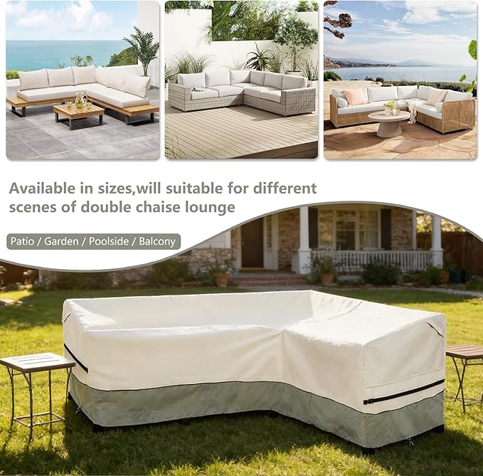 okcool Outdoor Sectional Sofa Cover Waterproof-L-Shaped Patio Furniture Covers for 4-Seater Outdoor Sectional Furniture Couch 85”W (Back Length) x 58”W (Right Side),White&Grayish Green