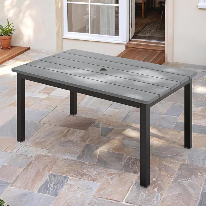 Aluminum Outdoor Patio Dining Table for 4-6 Person, All-Weather Rectangular Outdoor Table with Umbrella Hole for Garden Backyard Poolside Grey