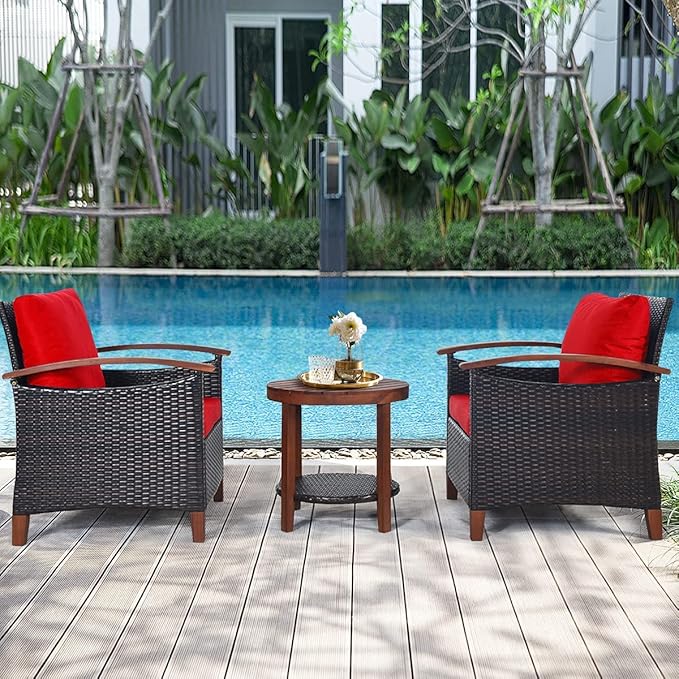 HAPPYGRILL 3 Pieces Patio Conversation Set Outdoor Rattan Wicker Sofa Set with Cushion and Acacia Wood Frame Table and Chairs Set for Garden Poolside Balcony