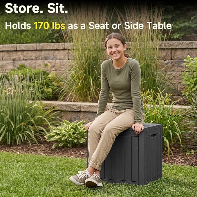 PatioZen 35 Gallon Outdoor Deck Box,Waterproof Resin Outdoor Storage Boxes, Outside Storage Lockable Container for Garden Tools,Indooor Cushions,Accessories (Black)