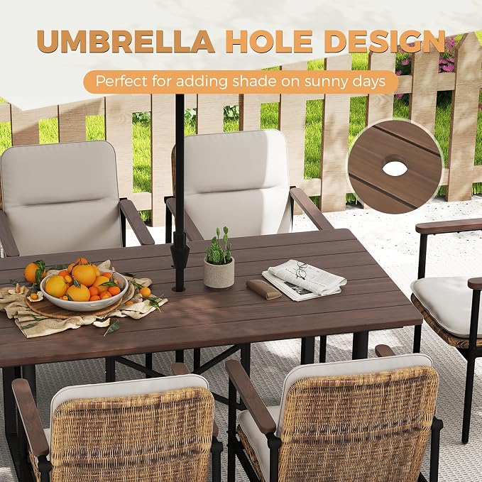 HAPPATIO Outdoor Acacia Wood Dining Table, 6-Person Patio Dining Table with Powder-Coated Aluminum Frame, Rectangle Outdoor Dining Table with Umbrella Hole for Deck Yard Garden