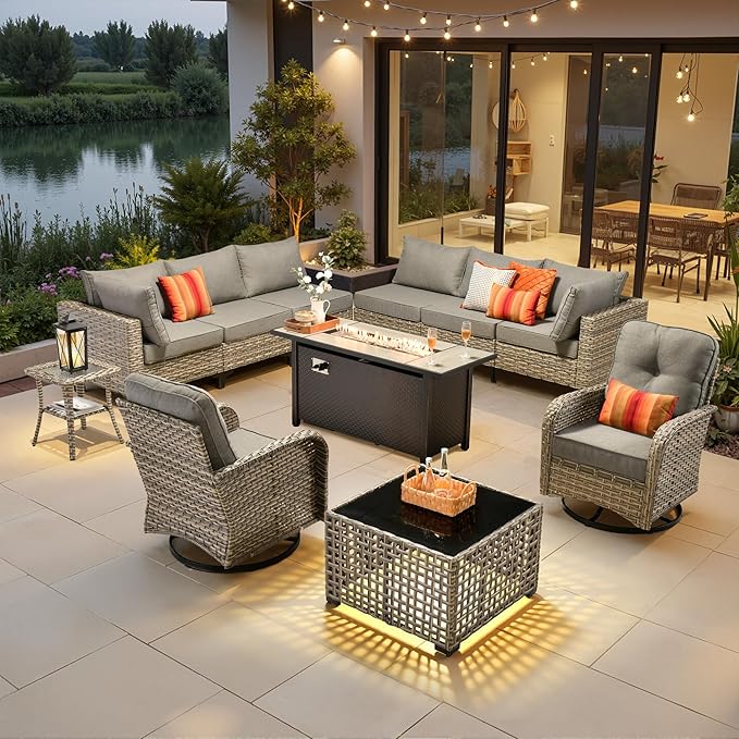 11 Pieces Outdoor Sectional Patio Furniture Set with 54" Fire Pit,Wicker Conversation Sets Rattan L Shaped Couch Swivel Rocking Chairs,Modular Outdoor Sofa for Porch Balcony Backyard Dark Grey