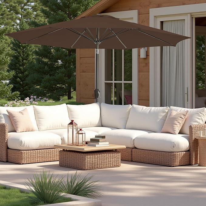 9FT Large Outdoor Patio Umbrella Pool Market Umbrella-UV Resistant, Easy Push Button Tilt and Crank, 8 Sturdy Ribs Heavy-Duty Table Umbrella for Deck, Backyard, Garden (Brown)
