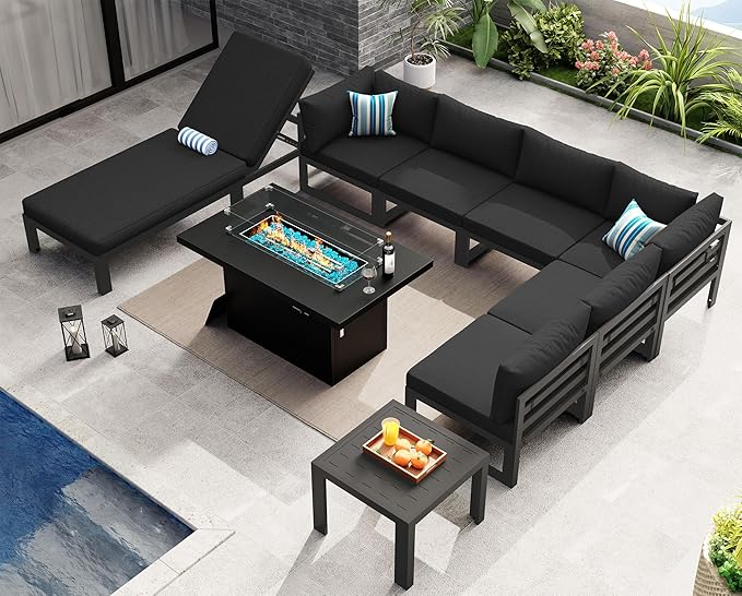 NICESOUL 9 Piece Oversized Modular Aluminum Outdoor Furniture Set with Chaise Lounge, 29" Deep and Wide Sectional Seating, 500 lbs High Weight Capacity Patio Conversation Set for Poolside Deck, Black
