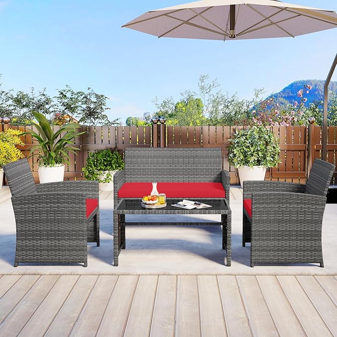 HAPPYGRILL 4 Piece Rattan Wicker Patio Conversation Set, Outdoor Furniture with Chair Loveseat Table & Cushion, for Backyard Porch Balcony (1, Red)