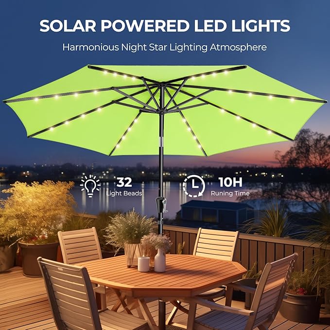 HOMSHADE 9ft Solar Patio Umbrella - Solar Lights LED Lighted Outdoor Market Table Umbrella, UPF50+ UV Protection with Push Button Tilt, Crank for Pool Deck and Garden (Apple Green)