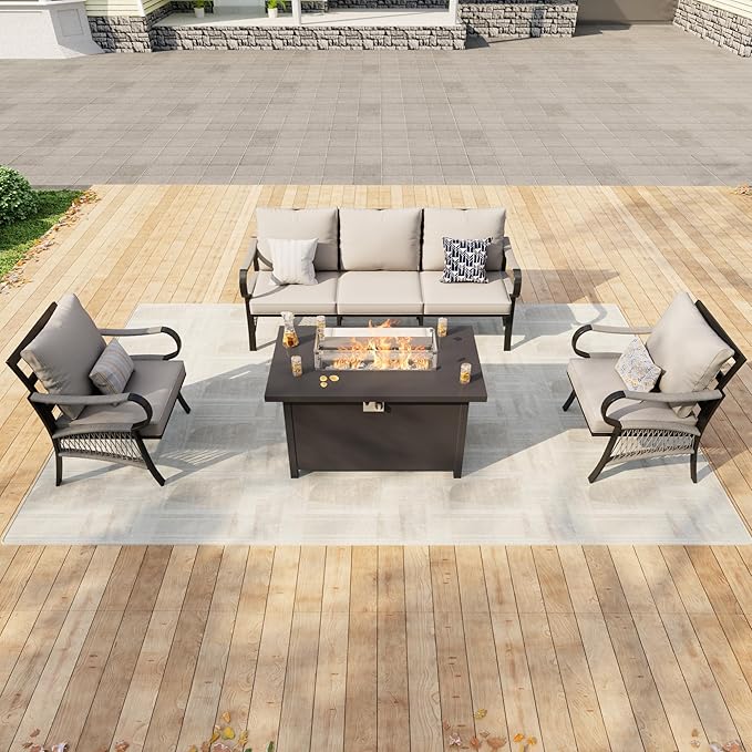 4 Pieces Outdoor Patio Conversation Sets, Outdoor Furniture Set Metal 3-Seater, 2 Single Chairs, Fire Pit Table for Backyard Deck Porch Poolside, Beige