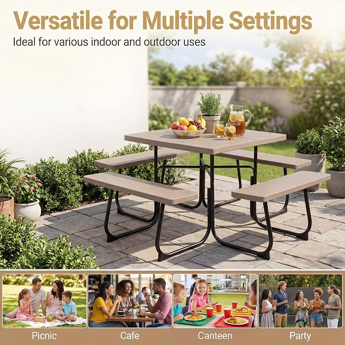 HAPPYGRILL 4-8 Person Square Picnic Table Bench Set with Umbrella Hole, Outdoor Camping Table with HDPE Material and Sturdy Metal Frame for Patio, Garden and Backyard