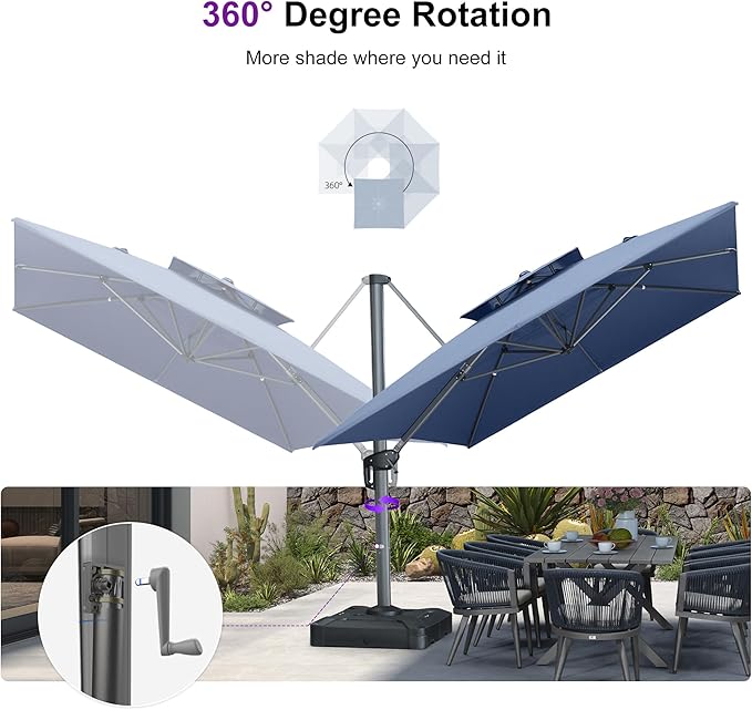 PURPLE LEAF Patio Umbrella 10' X 13' Outdoor Cantilever Umbrella Large Rectangle Double Top Heavy Duty Offset Umbrella with 360-Degree Rotation for Pool Garden Deck Spectrum Denim