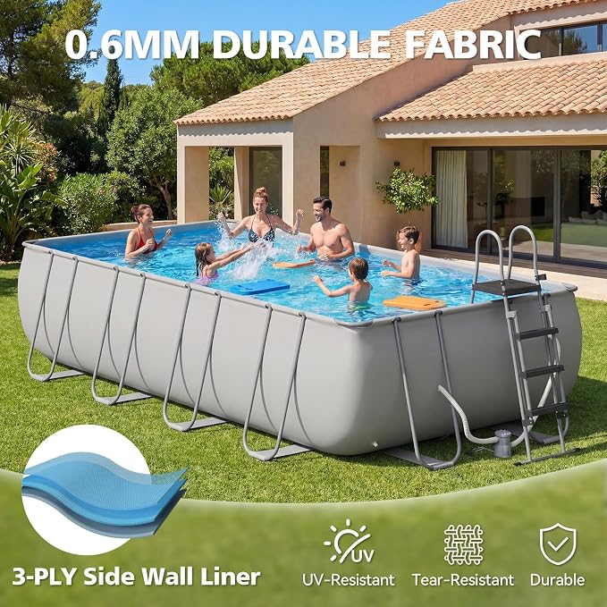 18' x 9' x 47" Rectangular Above Ground Pool Set with Removable Ladder and Filter Pump, Large Swimming Pool for Backyard, Gray