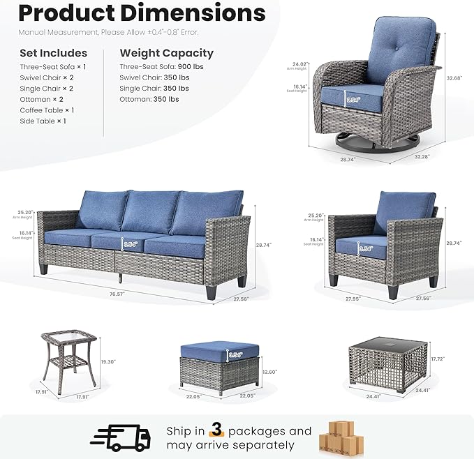ovios 9 Pieces Patio Furniture Set, Outdoor Wicker Sofa Couch with Rocking Swivel Chairs Solar Lights Table, Modern Deep Seat Rattan Conversation Sets for Deck Porch, Denim Blue