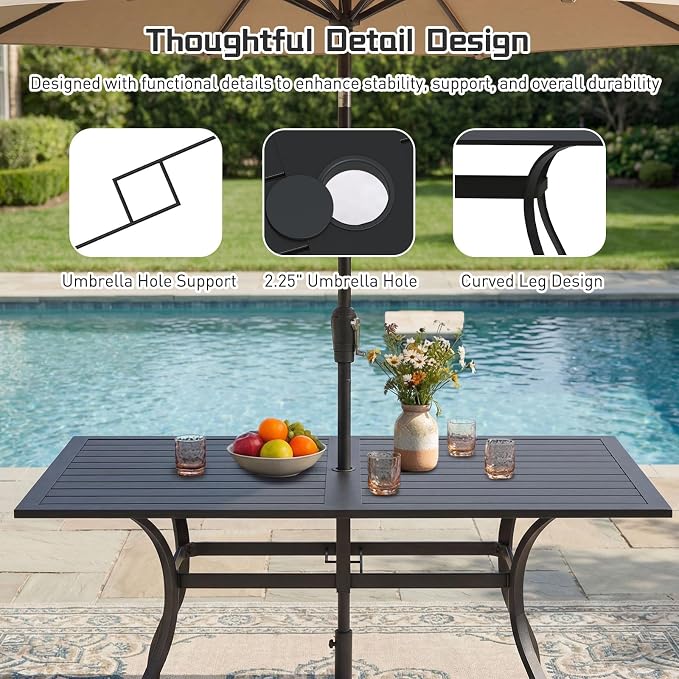 7 Piece Outdoor Patio Dining Set, 62’’ Rectangular Metal Dining Table with Umbrella Hole & 6pcs Patio Swivel Rocking Chairs, Outdoor Furniture Dining Set for Patio, Balcony, Lawn, Garden, Backyard