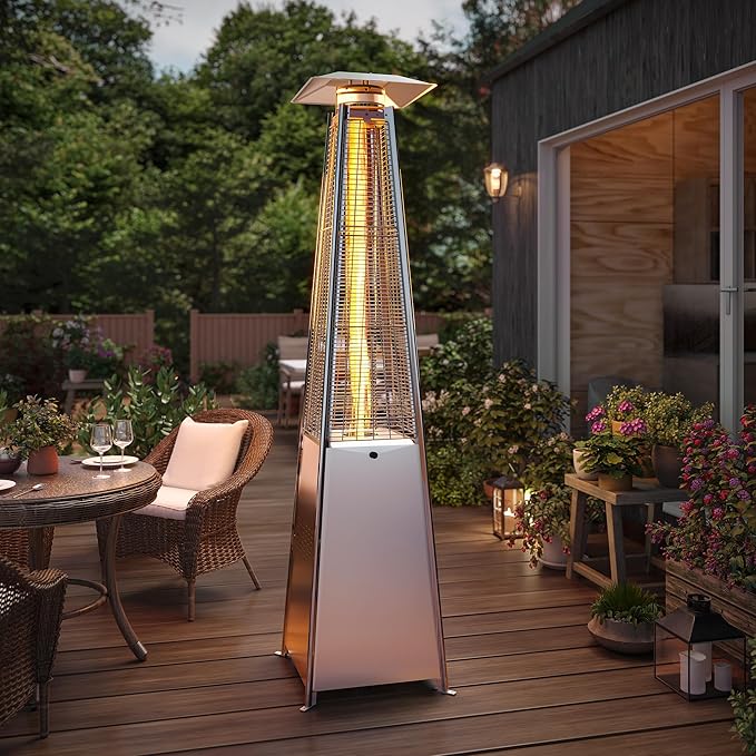 LAUSAINT HOME 48,000 BTU Pyramid Propane Heater – Outdoor Heater for Patio with Waterproof Cover & Wheels, 87" Tall Quartz Glass Tube Flame Heater for Deck, Garden, Party, Commercial, Restaurant