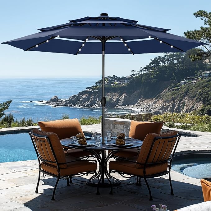 GREEN PARTY 10ft Patio Umbrella with Solar Lights, Auto-Tilt Lighted Market Table Umbrellas with Crank, 8 Sturdy Ribs & 1.5" Pole outdoor umbrellas for Patio Garden Deck Backyard Pool, Navy Blue