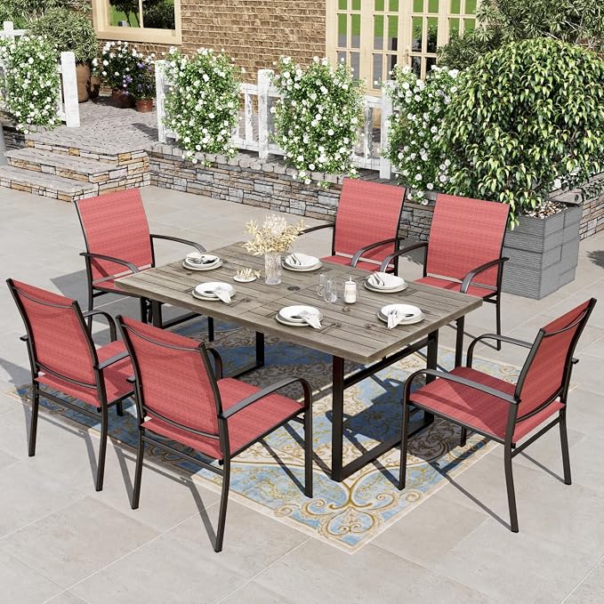 HERA'S HOUSE 7pc Outdoor Patio Dining Set, Wood-Look Metal Table, Red | 6 textilene chairs, 64" rectangular table with umbrella hole. Waterproof, rust-resistant, all-weather for yard, porch