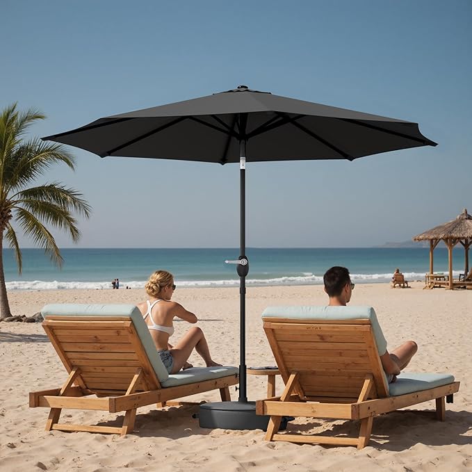 Greesum Outdoor Patio Umbrella with Base, Table Umbrella with 8 Sturdy Ribs, Push Button Tilt and Crank, Market Table Parasol for Garden, Lawn, Backyard & Pool, Black