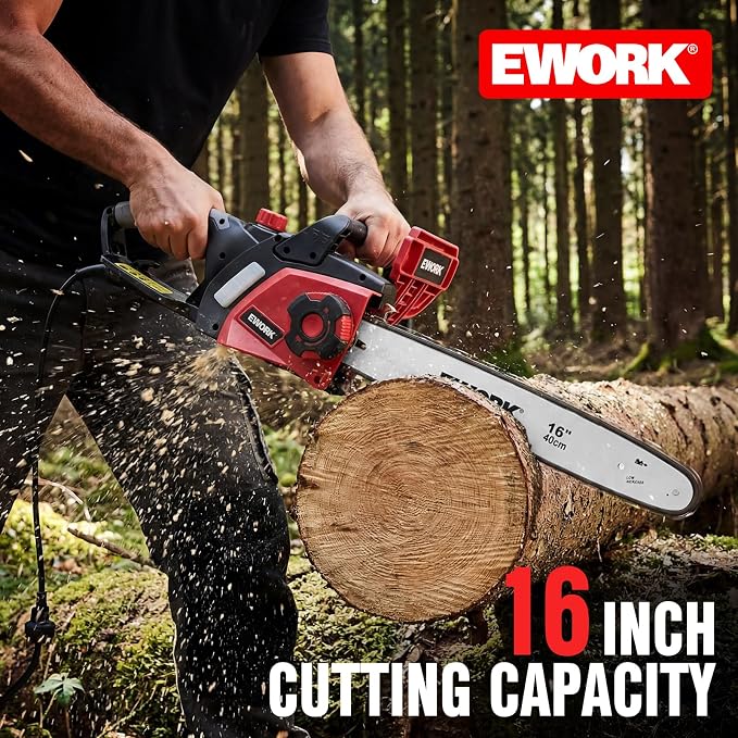 EWORK Electric Chainsaw Corded 16-Inch 15 Amp Electric Chain Saws, Corded Chainsaw with Tool-Free Chain Tension, Auto Oiling, Low Kickback, Electric Chainsaw for Tree Cutting, Pruning, Firewood
