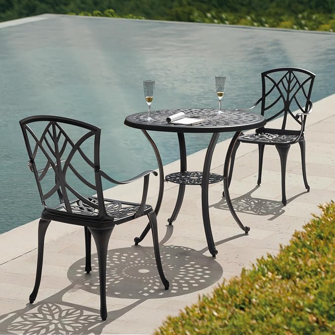 NUU GARDEN 31" Round Patio Bistro Table, Cast Aluminum Round Outdoor Bistro Table with Umbrella Hole for Poolside, Deck, Porch, Backyard, Balcony, Black with Gold-Painted Edge