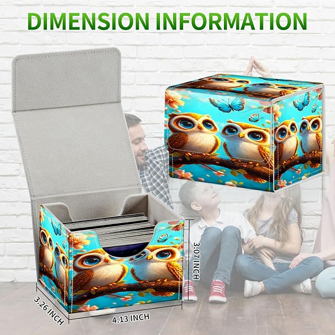 Card Deck Box for MTG, Cards Storage Box Fits 120+ Sleeved, Leather Small Size Strong Magnetic Closing Card Case for Board Games Magic TCG CCG Baseball Collection, Owl Blue