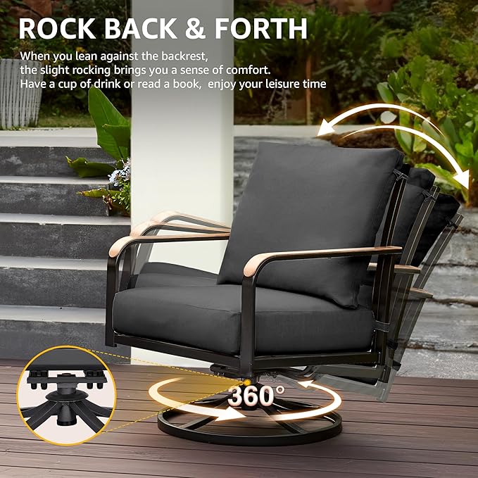 NATURAL EXPRESSIONS Patio Furniture Sets,4 Pieces Metal Outdoor Conversation Sofa Set with High Back Swivel Rocking Chairs with Anti-Scald Armrest,Double-Deck Wooden-Grain Table,6" Cushions for Yard
