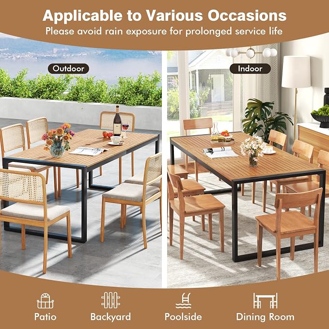 RELAX4LIFE Patio Outdoor Dining Table for 8, 79’’ x 35.5’’ Acacia Wood Rectangular Table w/2’’ Umbrella Hole, Slatted Top & Metal Legs, Indoor Outdoor Picnic Bistro Table, 8-Person Patio Dining Table