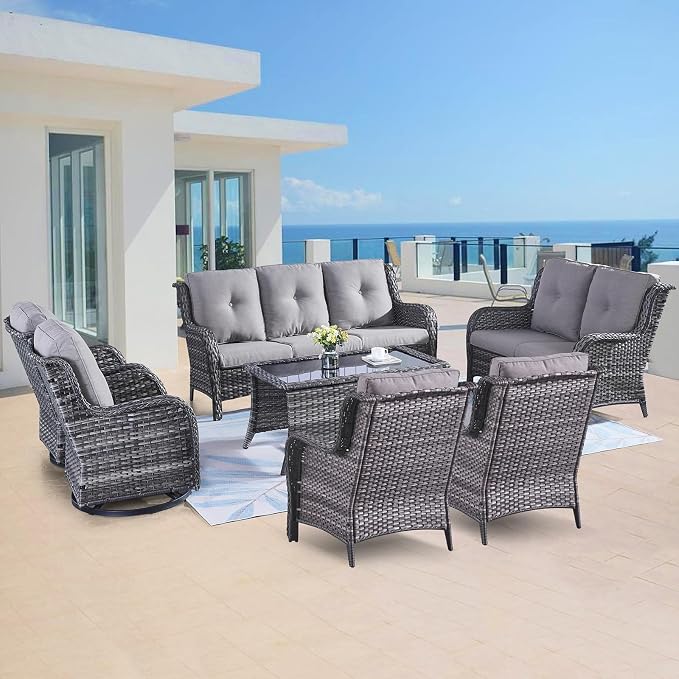 Belord 7 Piece Wicker Patio Furniture Set, Outdoor Swivel Rocker Chairs Set of 2 with Ottomans, 3 Seat Sofa and Loveseat, All Weather Patio Conversation Furniture Set, for Pool,Yard Gray Wicker/Gray