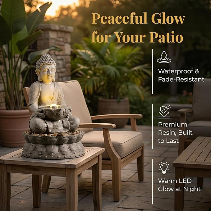 21.6 Inch Buddha Outdoor Freestanding Fountain, Water Fountain with LED Lights, Indoor & Outdoor Decorative Resin Waterfall Feature for Patio, Backyard, Porch & Home Decor, Light Gray