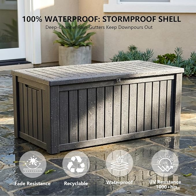 Outdoor Storage Box, 150 Gallon Waterproof Deck Box [Upgraded 3.0], Piston-Assisted Resin Trunk for Sectional Sofa Cushions, High-Capacity Lockable Double Storage Bench, Patio Lounge, Black