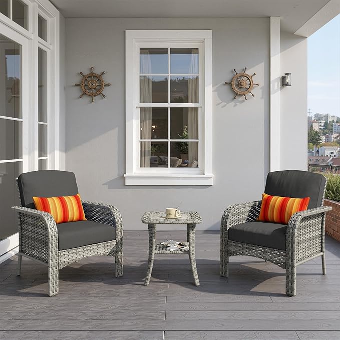 3 PCS Outdoor Patio Furniture Set with Side Table, All-Weather Rattan Wicker Outdoor Conversation Set with Thickened Cushions for Balcony Backyard Garden Lawn,Black