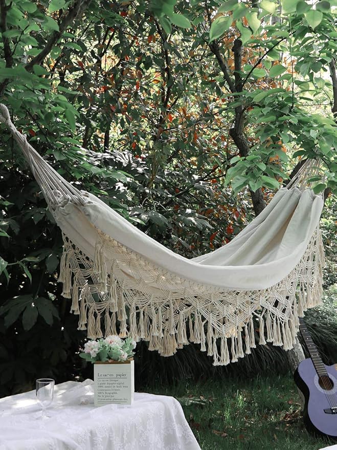 Handmade Boho Large Brazilian Macrame Fringe 2 Person Double Deluxe Hammock Swing Net Chair for Beach, Yard, Bedroom, Patio, Porch, Indoor, Outdoor, Wedding Decor 79" Lx 59" W