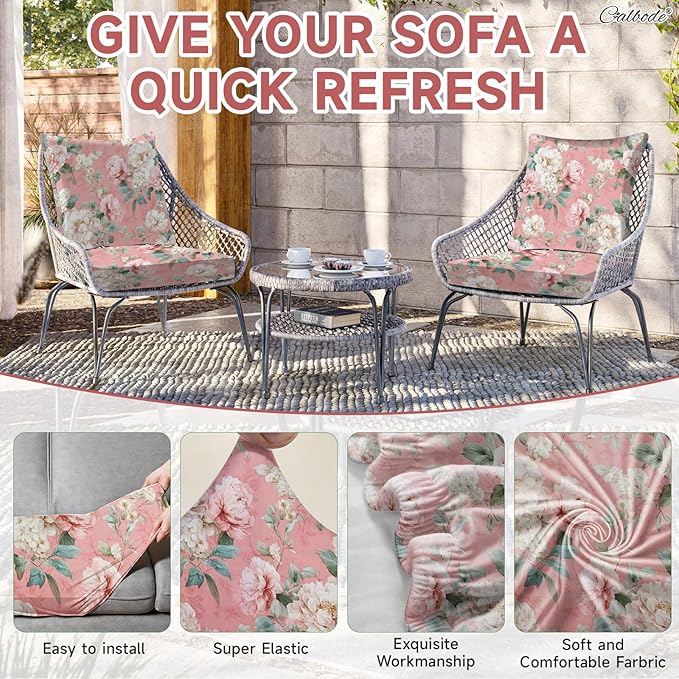 CALBODE 8 Pcs Stretch Outdoor Seat Cushion Covers, Washable Chair Seat Cover for Patio Furniture Cushions Soft Indoor and Outdoor Couch Cover Replacement (Pink Blooming, Cover Only)