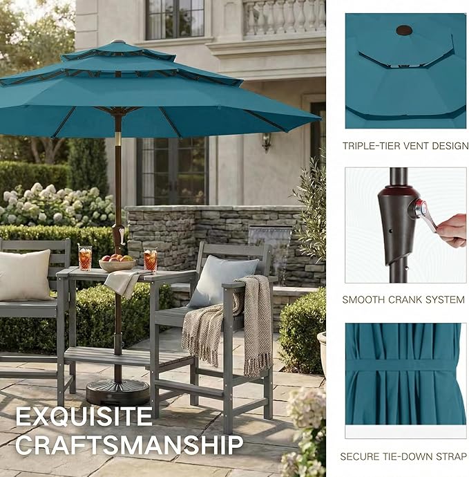 Kingdura 10ft 3-Tier Patio Umbrella, Outdoor Table Umbrella with Easy Crank & Tilt, 8 Reinforced Ribs, UV Protection for Deck, Pool, Market, Backyard (Lake blue)