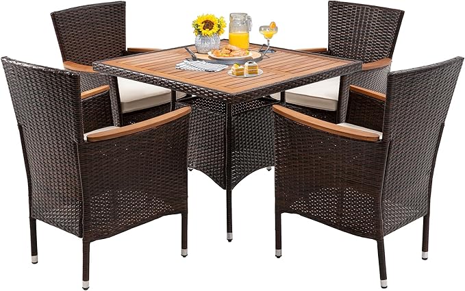 RoyalCraft 5 Piece Patio Wicker Dining Sets for 4, Water-Resistant Rattan Outdoor Dining Table and 4 Chairs with Wood Table Top, Conversation Set for Deck, Garden, Backyard, Removable Cushions, Teak