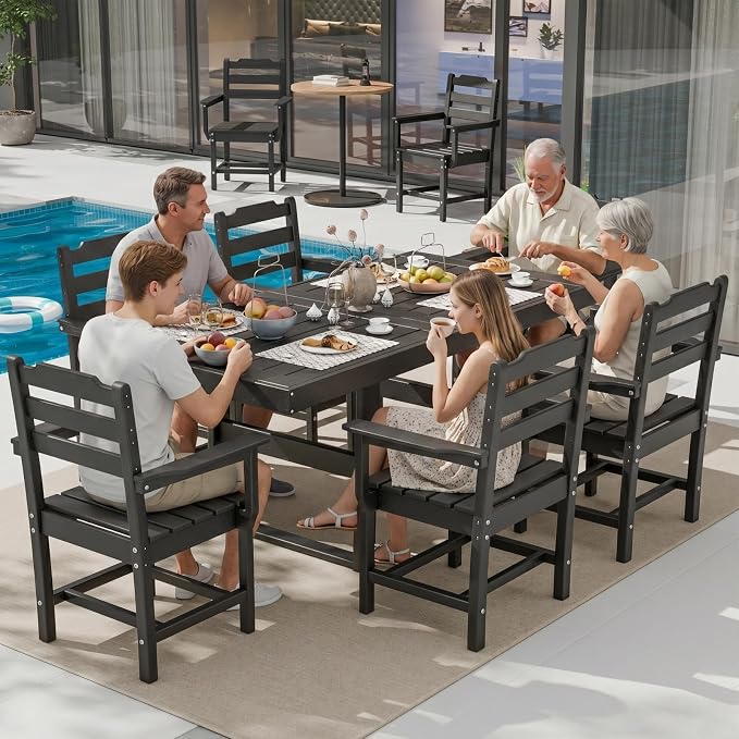 7 Piece Outdoor Dining Set All Weather HDPE Patio Table and Chairs Set for 6 with Umbrella Hole Outdoor Furniture for Deck, Backyard, Garden (Black)
