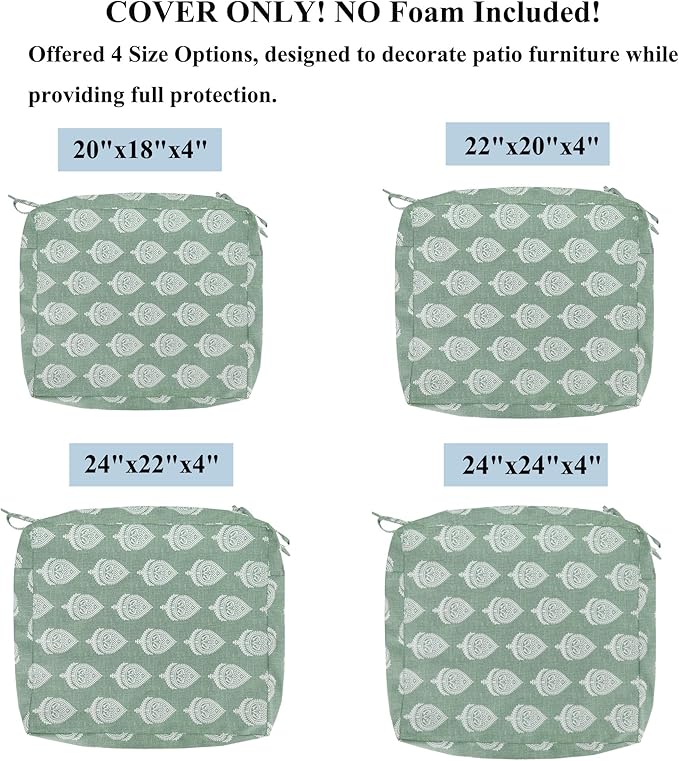 FUNHOME Outdoor Patio Cushion Covers 24 x 22 x 4 Inch, No Insert! 2 Pack Water Repellent Outdoor Chair Cushion Covers with Zipper and Tie, Patio Cushion Slipcovers Replacement Cover Only(Fair Green)