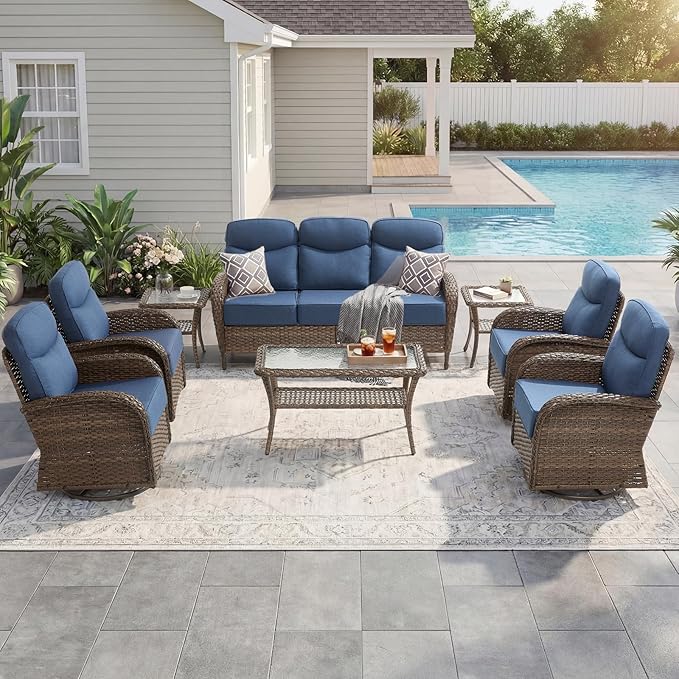 High Back Luxury Patio Furniture Set with 6-inch Thick Cushion, Swivel Rocker Patio Chairs Set of 4 with Outdoor Couch, 8 Piece Wicker Conversation Set for Deck Yard Garden Balcony Blue