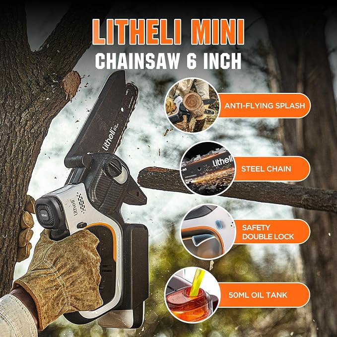 Litheli 20V Mini Chainsaw 6 inch Brushless Handheld Chainsaw Cordless with 2.0Ah Battery & Cable, 450W 24.6ft/s Fast Cut, Auto-Oiling Small Electric Chain Saw for Wood Cutting, Yard, Garden Gift