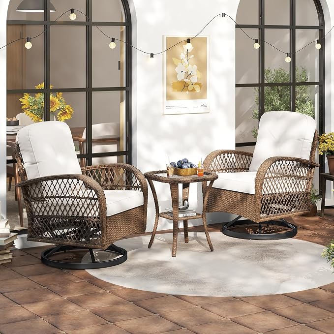 ORALNER 3 Pieces Wicker 360° Swivel Rocker Set Patio Furniture, Rocking Chairs with Cushions, Tempered Glass Coffee Table, Outdoor Rattan Bistro Set for Balcony Front Porch Deck Poolside (White)