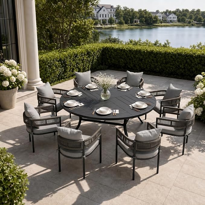 VICLLAX Patio Dining Set, 63.1" Black Table & 6 Chairs with Grey Cushion | Outdoor Table and Chairs Set of Round Metal Patio Table, Outdoor Dining Chairs with Metal Frame, Garden Deck Porch