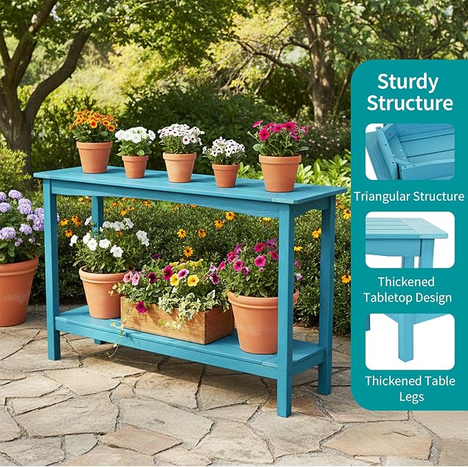 Outdoor Console Table, All-Weather 2-Tier Patio Console Table, Outside Plant Stand Table, Low Maintenance, Never Rot or Fade, HIPS Table for Indoor, Backyard, Garden, Entryway, Light Blue