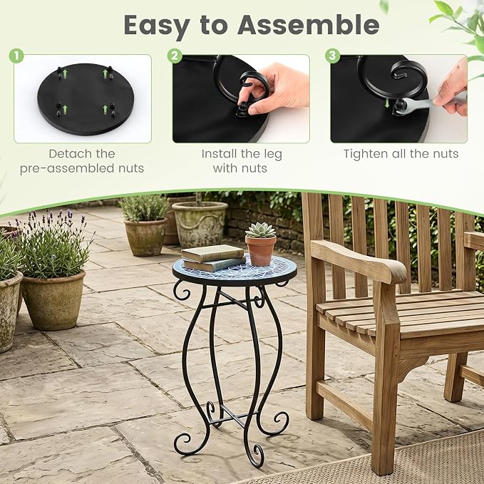 Giantex Outdoor Side Table, Mosaic Patio Table, 12inch Accent Table Plant Stand Indoor, Ceramic Tile Top Metal Frame, Small End Table Porch Beach Patio Garden Balcony Poolside