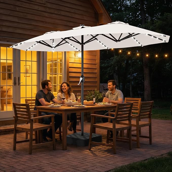 AreShark 13 FT Patio Umbrella with Solar Lights, Double-Sided Outdoor Table Umbrellas with Crank, Large Rectangular Market Umbrella for Porch, Lawn, Pool, Backyard, Cream-White