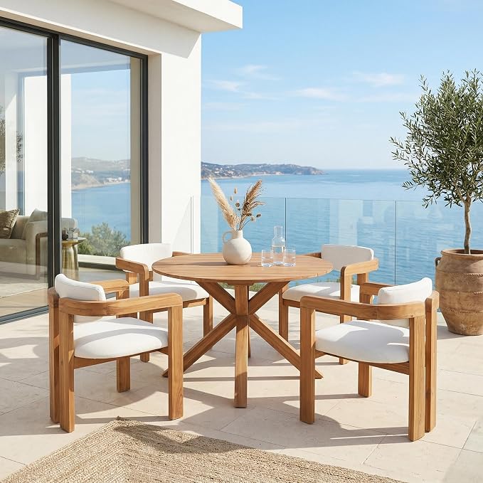 Christopher Knight Home Katy Modern 5 Piece Outdoor Dining Set, Round Dining Table Set for 4 with Chairs, Acacia Wood Patio Furniture Set with Barrel Chairs and Seat & Back Cushions, Beige+Brown