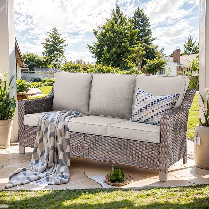 Outdoor Couch Wicker Patio Sofa-3-Seat High Back Outdoor Rattan Sofa Outdoor Patio Couch for Deck Balcony Poolside Backyard-Brown/Beige