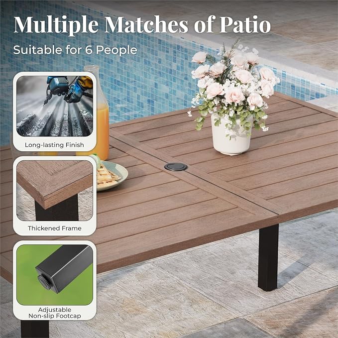 MIXPATIO Patio Table and Chairs Set, Outdoor Dining Set for 6 with Red Chairs and Teak Color Tabletop Outdoor Dining Table, 7-Piece Patio Furniture Set for Deck Backyard Lawn