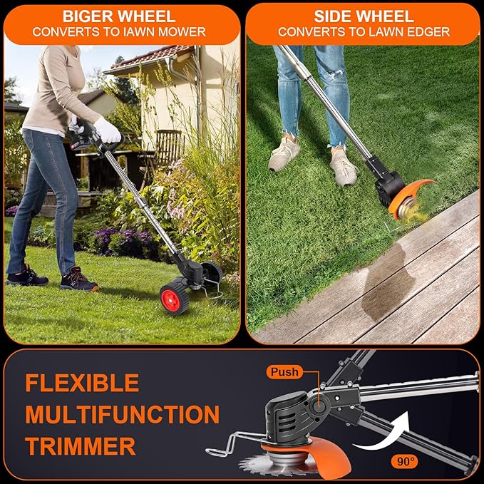 Electric Weed Wacker Cordless with Wheels, 2pcs Batteries&4 Types Blades,Lightweight, Low Noise Weed Trimmer 21V stringless Weed Wacker, Grass Trimmer/Brush Cutter/Edger, for Thick Weeds&Yard Garden