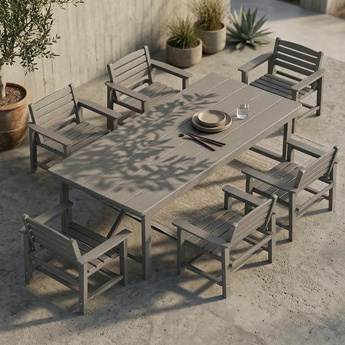 Kingdura 7 Piece Patio Dining Set for 6, HDPE Outdoor Dining Table Set with 2" Umbrella Hole, All Weather Outdoor Furniture, Table and Chairs Set for Backyard Pool Garden Porch, Grey