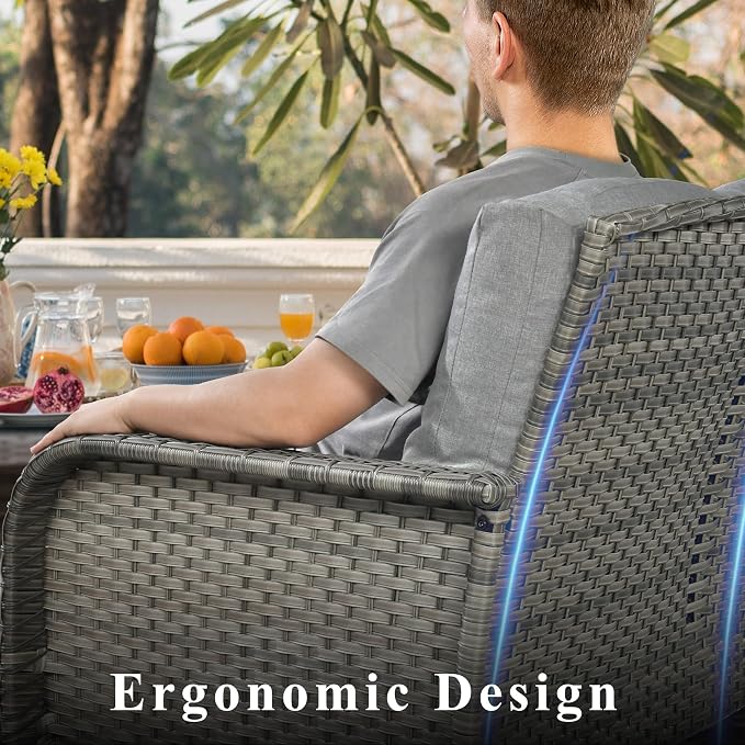 CAODOC 4-Piece Wicker Patio Furniture Set, All-Weather Rattan Conversation Bistro Loveseat Chair and Table Set for Backyard, Balcony and Deck with Soft Cushions and Metal Table(Dark Gray)