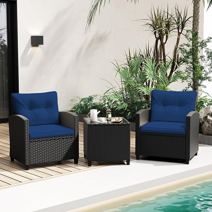 RELAX4LIFE 3-Piece Patio Furniture Set - Wicker Rattan Bistro Sofa w/Glass Top Coffee Table, Washable Cushions for Porch Balcony Backyard Poolside, Outdoor Conversation Set (Navy)
